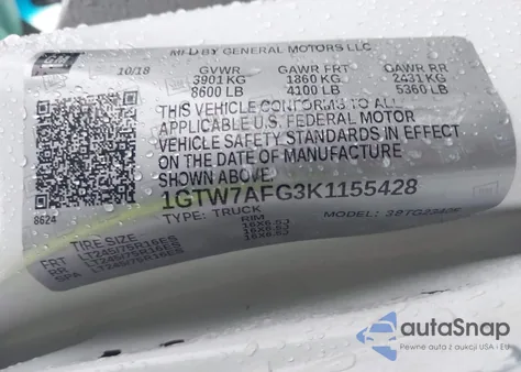 2019 GMC Savana 2500 Work Van z USA, uszkodzony, nr VIN 1GTW7AFG3K1155428